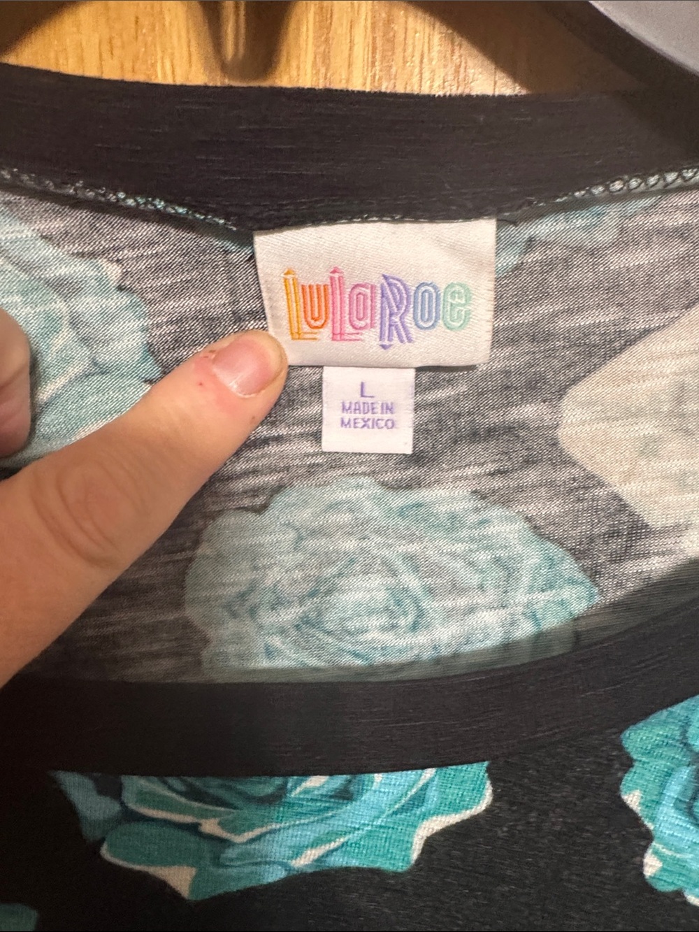 LuLaRoe Teal & White Rose Print Short Sleeve Olive Tee - Picture 2 of 5